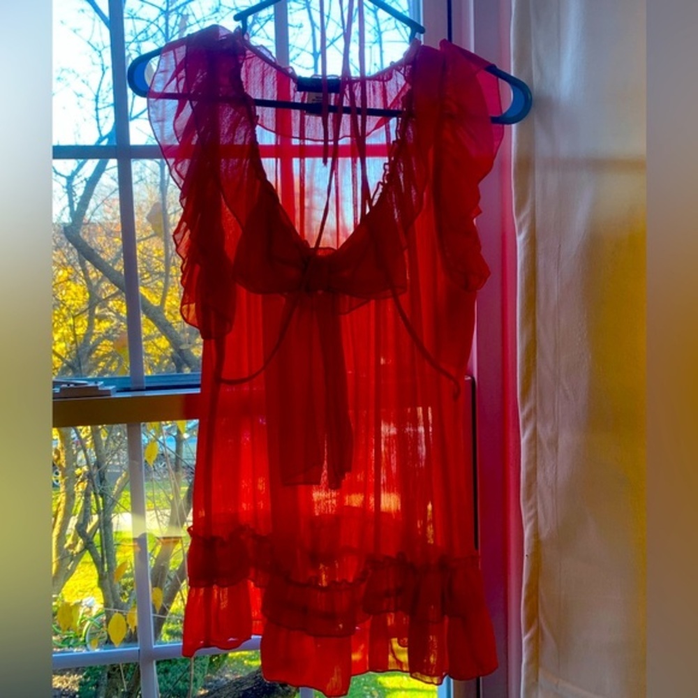 Vintage Sam & Max EUC - Sheer Red Top with bow - sz M - ties in the back 90s/Y2K